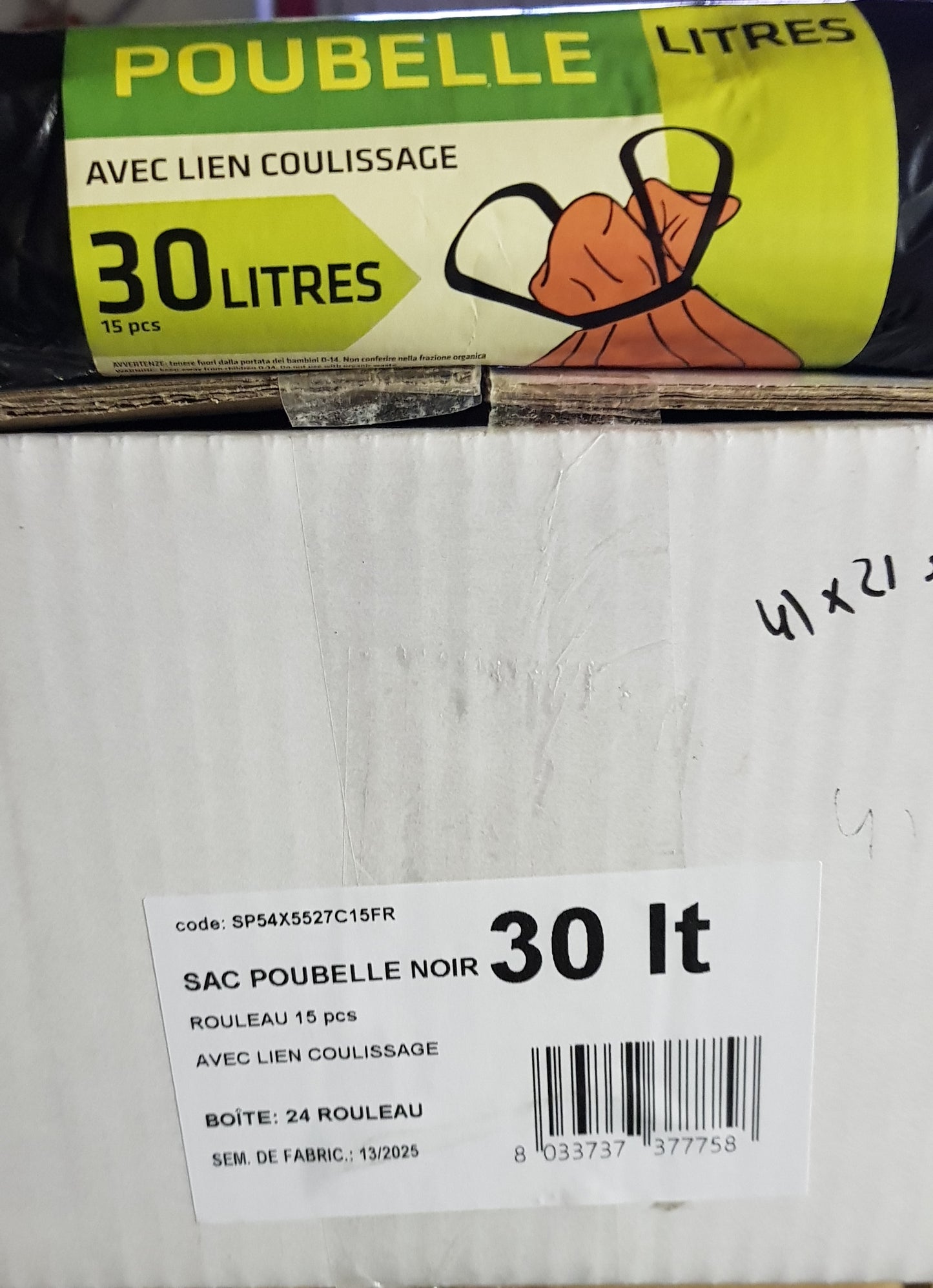 SACS POUBELLES 30 LITRES LIENS COULISSANTS CARTON DE 360 SACS EN ROULEAUX DE 15 SACS