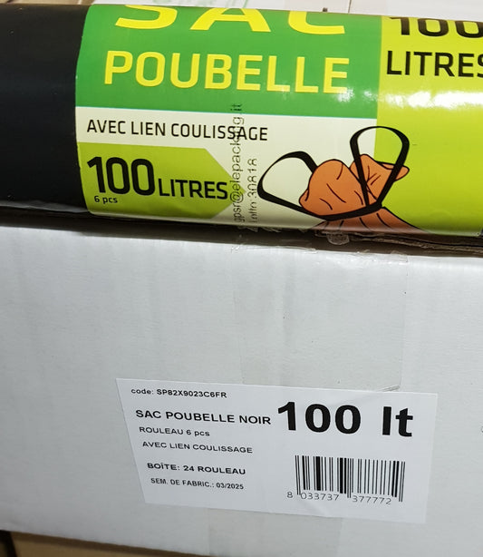 SACS POUBELLES NOIR CAPACITE 100 LITRES, PAR CARTONS DE 24 ROULEAUX DE 6 SACS POUBELLES AVEC LIENS COULISSANTS