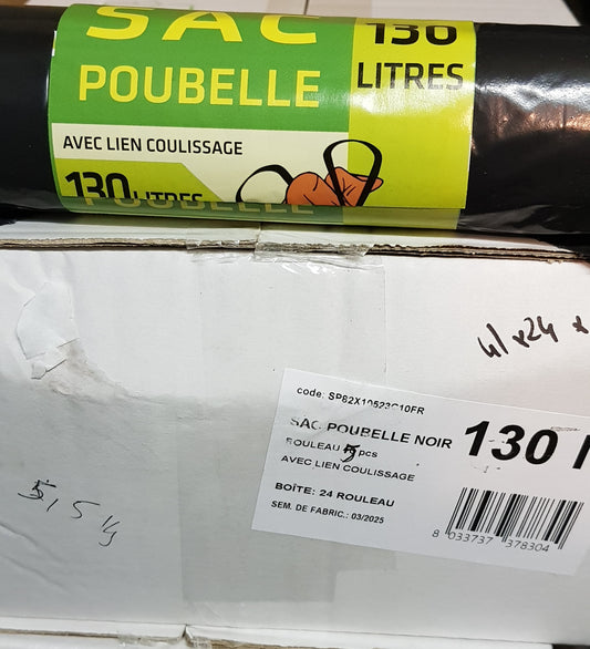 SACS POUBELLES NOIR CAPACITE 130 LITRES, PAR CARTON DE 24 ROULEAUX DE 5 SACS POUBELLES AVEC LIENS COULISSANTS
