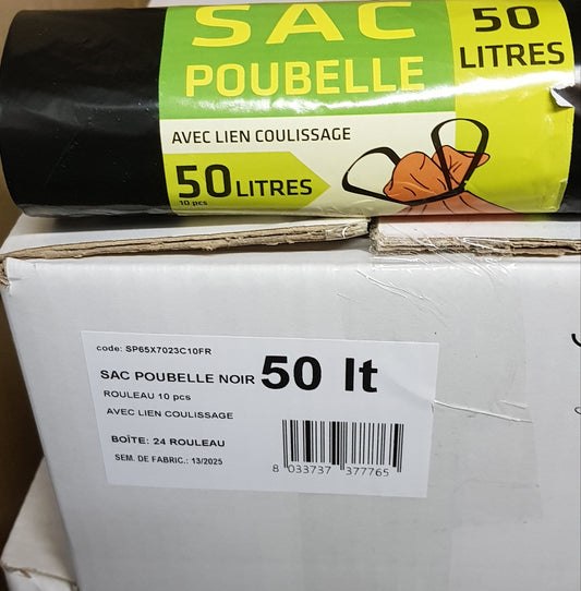 SACS POUBELLES 50 LITRES LIENS COULISSANTS CARTON DE 240 SACS EN ROULEAUX DE 10 SACS